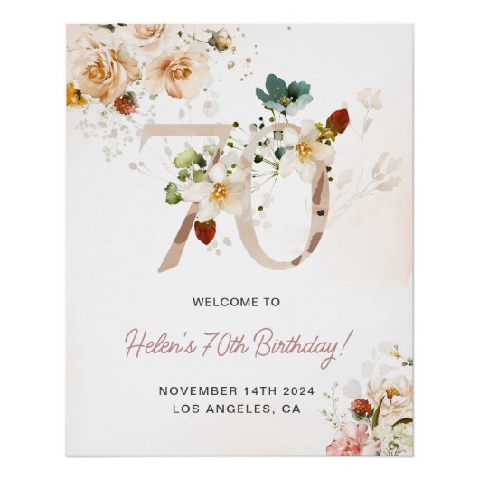 Blush roze en gouden bloemen 70e verjaardag Welkom Perfect Poster (Voorkant)