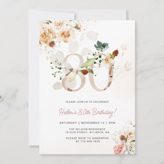 Blush roze en gouden bloemen 80e verjaardag uitnod kaart (Voorkant)