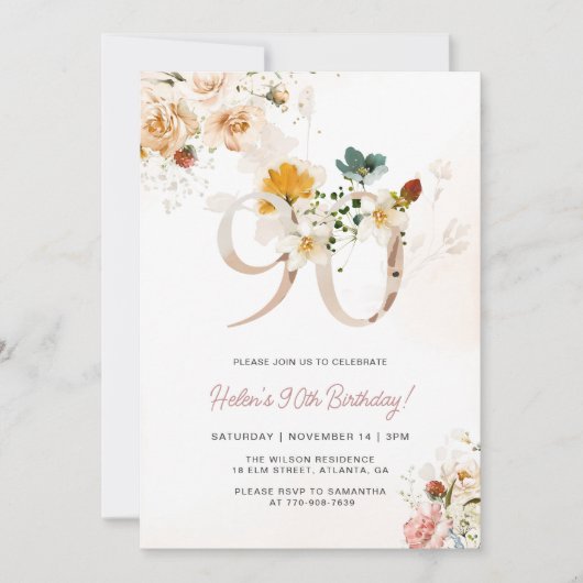 Blush roze en gouden bloemen 90e verjaardag uitnod kaart (Voorkant)