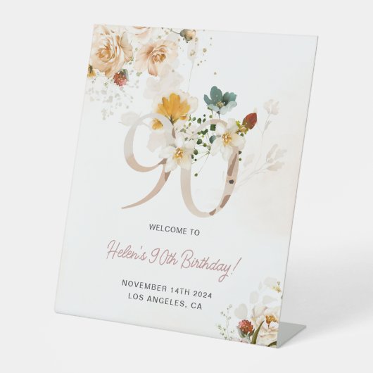 Blush roze en gouden bloemen 90e verjaardag Welkom Reclamebord Met Voetstuk (Voorkant)