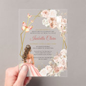 Blush Roze en Gouden Bloemen Prinses Quinceanera Acryl Uitnodigingen (Insitu (Draagbaar))