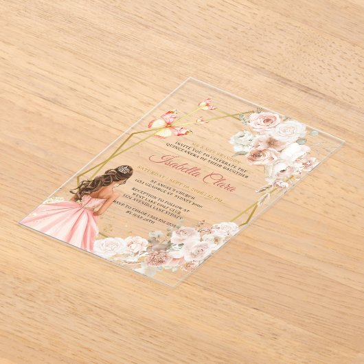 Blush Roze en Gouden Bloemen Prinses Quinceanera Acryl Uitnodigingen (Laagn)