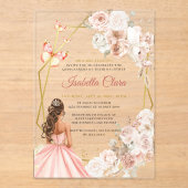 Blush Roze en Gouden Bloemen Prinses Quinceanera Acryl Uitnodigingen (Voorkant)