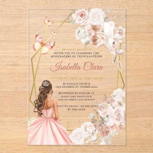 Blush Roze en Gouden Bloemen Prinses Quinceanera Acryl Uitnodigingen (Voorkant)