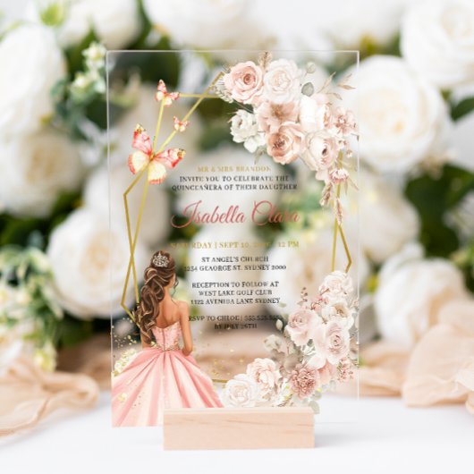 Blush Roze en Gouden Bloemen Prinses Quinceanera Acryl Uitnodigingen