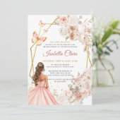 Blush Roze en Gouden Bloemen Prinses Quinceanera Kaart (Staand voorkant)