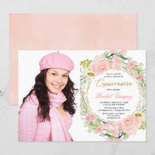 Blush roze en gouden bloemen Quinceanera foto Kaart