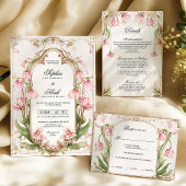 Blush Roze en Gouden Bloemen Trouwdetails Kaart