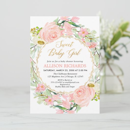 Blush roze en gouden bloemenmeisje baby shower kaart (Staand voorkant)