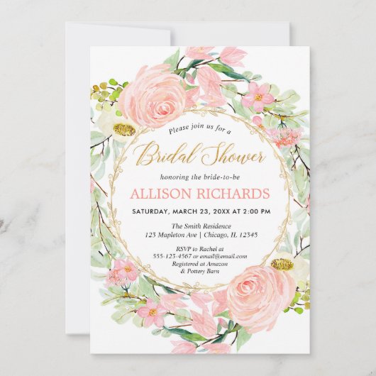 Blush roze en gouden bloemig vrijgezellenfeest kaart (Voorkant)