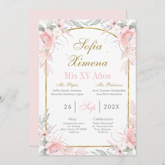 Blush roze en gouden boog Quinceañera Kaart (Voorkant / Achterkant)
