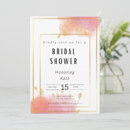 Blush Roze en Gouden Bruidsdouche Uitnodiging Kaar (Staand voorkant)