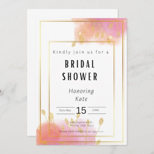 Blush Roze en Gouden Bruidsdouche Uitnodiging Kaar (Voorkant / Achterkant)