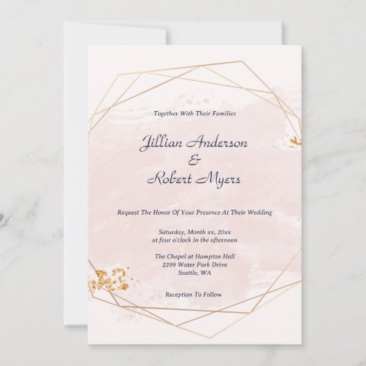 Blush Roze en Gouden Bruiloft Uitnodiging (Voorkant)