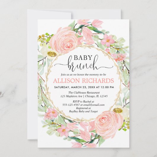 Blush roze en gouden brunch meisje baby shower flo kaart (Voorkant)