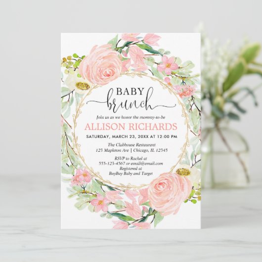 Blush roze en gouden brunch meisje baby shower flo kaart (Staand voorkant)
