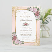 Blush roze en gouden Confetti bloemenbruiloft Kaart (Staand voorkant)