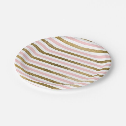 Blush roze en gouden folie streep verjaardagsfeest papieren bordje (Gekanteld)