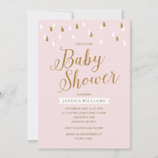 Blush roze en gouden glitter regendruppels Baby sh Kaart (Voorkant)