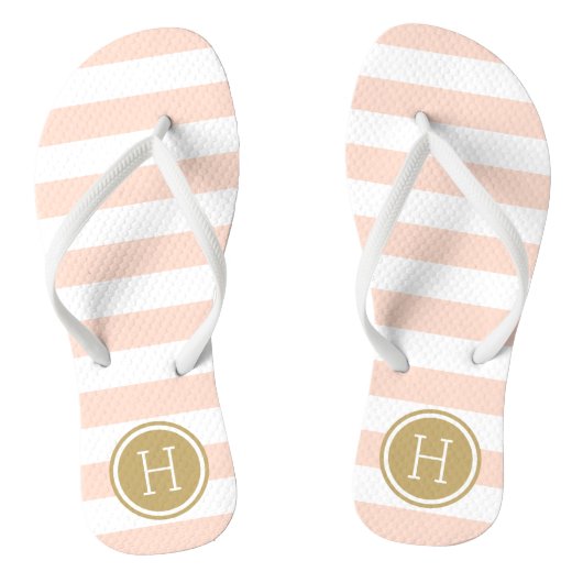 Blush Roze en Gouden Preppy Strepen Monogram Teenslippers (Voetbed)