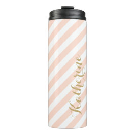 Blush Roze en Gouden Preppy Strepen Monogram Thermosbeker