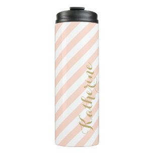 Blush Roze en Gouden Preppy Strepen Monogram Thermosbeker