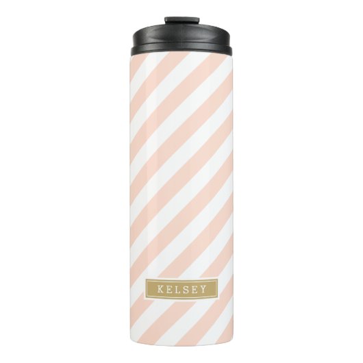 Blush Roze en Gouden Preppy Strepen Monogram Thermosbeker (Voorkant)