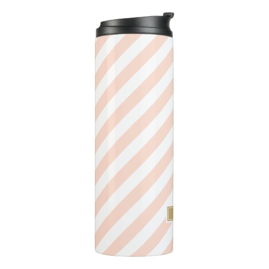 Blush Roze en Gouden Preppy Strepen Monogram Thermosbeker (Gedraaid links)
