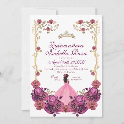 Blush roze en gouden Roos Quinceanera XV Años Kaart (Voorkant)