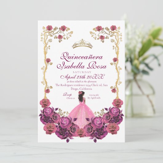 Blush roze en gouden Roos Quinceanera XV Años Kaart (Staand voorkant)