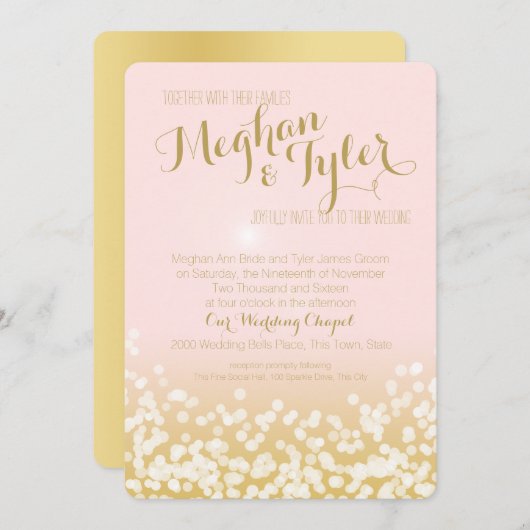 Blush Roze en Gouden Sparkle Lights Bruiloft Kaart (Voorkant / Achterkant)