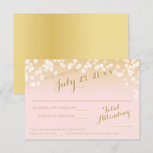 Blush Roze en Gouden Sparkle Lights RSVP Kaartje (Voorkant / Achterkant)