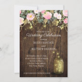 Blush Roze en Gouden Vuurvliegen Mason Jars Bruilo Kaart (Voorkant)