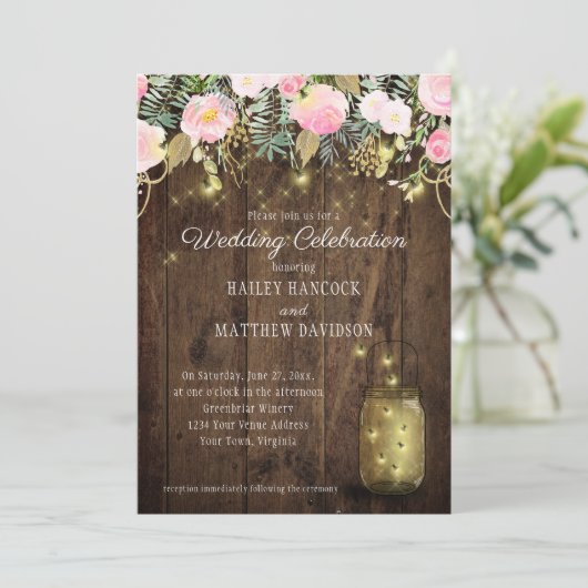 Blush Roze en Gouden Vuurvliegen Mason Jars Bruilo Kaart (Staand voorkant)