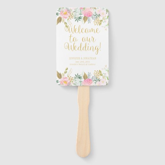 Blush Roze en Gouden Waterverf Bloemen Programma F Handwaaier (Voorkant)