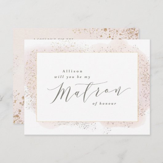 Blush roze en gouden waterverf matron van eer uitnodiging briefkaart (Voorkant / Achterkant)