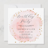 Blush Roze en Gouden Waterverf Verjaardagsfeest Kaart (Voorkant)