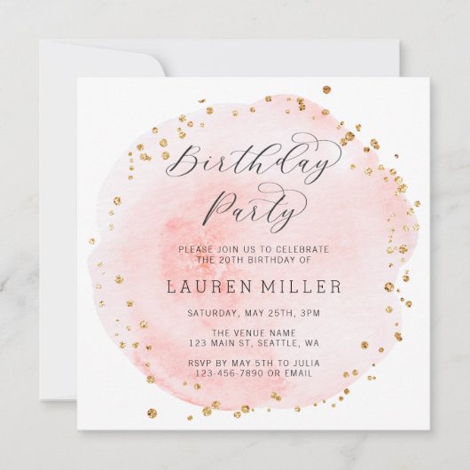 Blush Roze en Gouden Waterverf Verjaardagsfeest Kaart (Voorkant)
