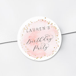 Blush Roze en Gouden Waterverf Verjaardagsfeest Ronde Sticker