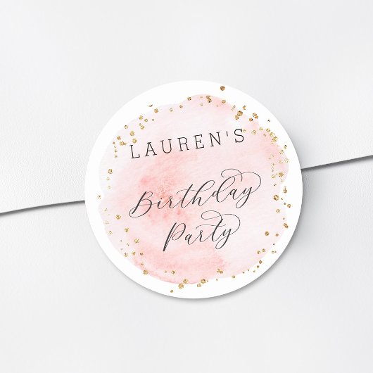 Blush Roze en Gouden Waterverf Verjaardagsfeest Ronde Sticker