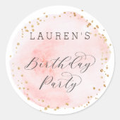 Blush Roze en Gouden Waterverf Verjaardagsfeest Ronde Sticker (Voorkant)
