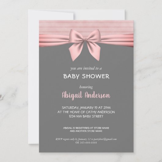 Blush Roze en Gray Bow Baby shower Invitation Kaart (Voorkant)