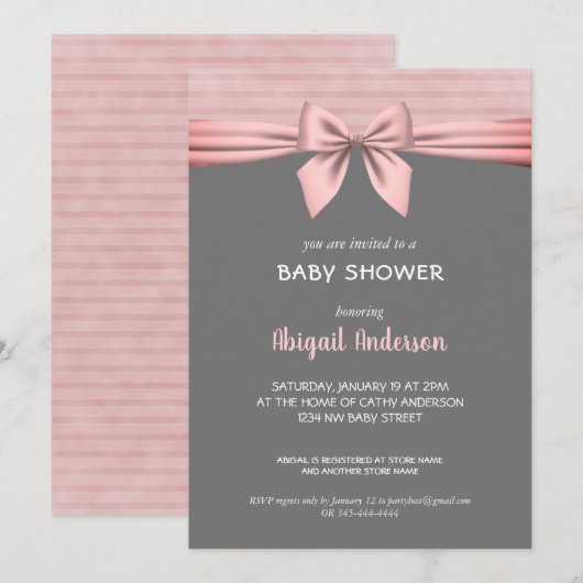 Blush Roze en Gray Bow Baby shower Invitation Kaart (Voorkant / Achterkant)