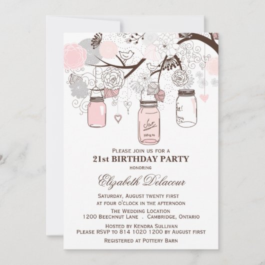 Blush Roze en Gray Mason Jars Birthday Invitation Kaart (Voorkant)