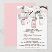 Blush Roze en Gray Mason Jars Birthday Invitation Kaart (Voorkant / Achterkant)