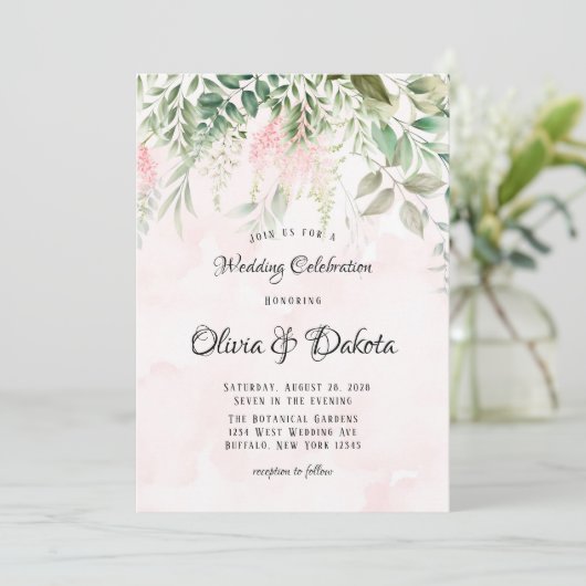 Blush roze en Greenery Leaves Chic Wedding Kaart (Staand voorkant)