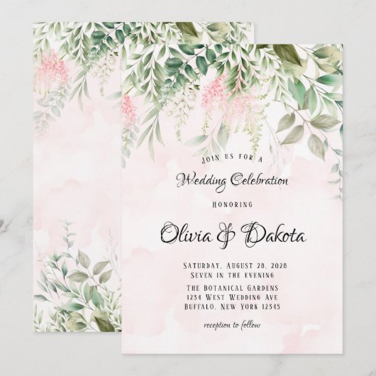 Blush roze en Greenery Leaves Chic Wedding Kaart (Voorkant / Achterkant)