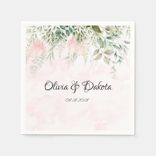 Blush roze en Greenery Leaves Chic Wedding Servet (Voorkant)