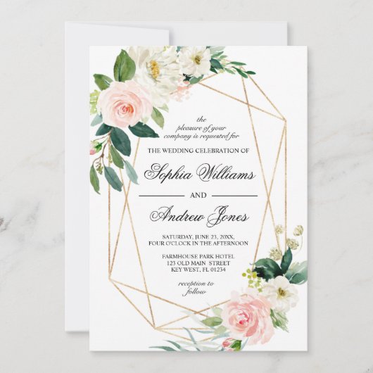 Blush Roze en Greenery Leaves Wedding Invitation Kaart (Voorkant)