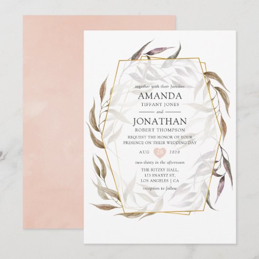 Blush roze en Greenery Pastel Geometric Wedding Kaart (Voorkant / Achterkant)